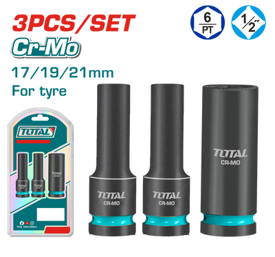 TOTAL 3 Pcs 1/2" Dr. Deep Impact Socket Set 17-19-21mm – Cr-Mo Heavy Duty (THKISD12042L)
