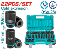 TOTAL 22 Pcs 1/2" Drive Impact Socket Set – Standard & Deep Cr-Mo Sockets (THKISD12221L)