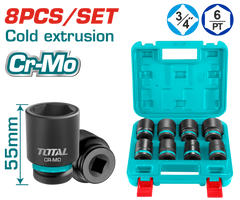 TOTAL 8 Pcs 3/4" Impact Socket Set – Cr-Mo, 55mm Length (THKISD34081)