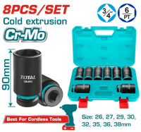 TOTAL 8 Pcs 3/4" Deep Impact Socket Set – Cr-Mo, 90mm Length (THKISD34082L)