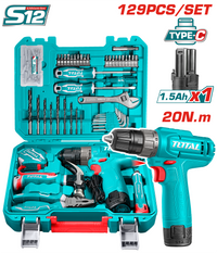 TOTAL 129 Pcs Tools Set – 12V Cordless Drill Kit with Carrying Case (THKTHP11292)