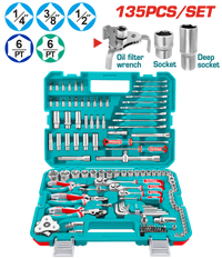 TOTAL 135 Pcs Combination Tool Set – With Sockets, Wrenches, Pliers & Carry Case (THKTHP21356)