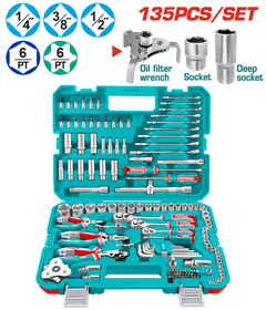 TOTAL 135 Pcs Combination Tool Set – With Sockets, Wrenches, Pliers & Carry Case (THKTHP21356)