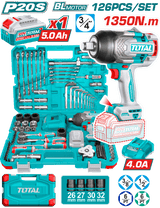 TOTAL 126 Pcs Cordless Impact Wrench Tools Set – 1350Nm Torque, 3/4" Drive, 20V + Accessories (THKTHP31262)