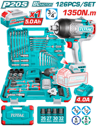 TOTAL 126 Pcs Cordless Impact Wrench Tools Set – 1350Nm Torque, 3/4" Drive, 20V + Accessories (THKTHP31262)