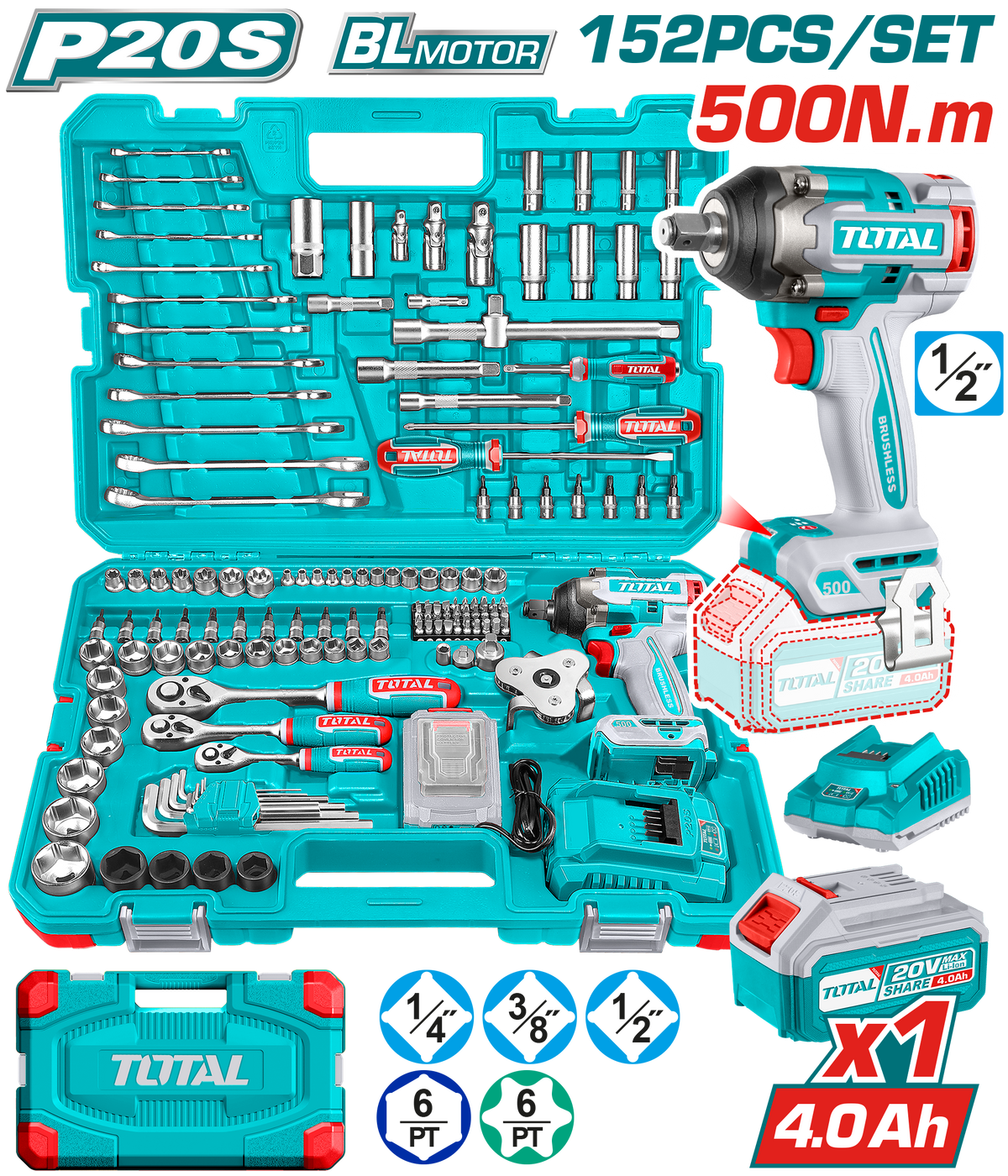 TOTAL 20V Cordless Impact Wrench Set 500Nm – 152 Pcs