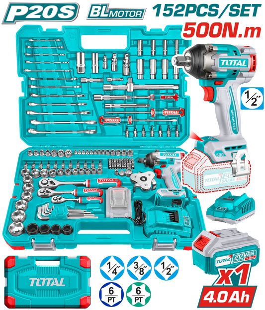 عدة درل صدمات لاسلكي 20 فولت 500Nm من توتال – 152 قطعة