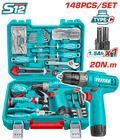 TOTAL 148 Pcs Tool Set with 12V Cordless Drill – Complete Home & Workshop Kit (THKTHP41487)