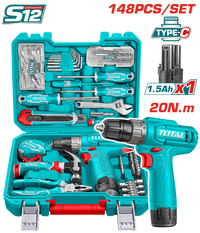 TOTAL 148 Pcs Tool Set with 12V Cordless Drill – Complete Home & Workshop Kit (THKTHP41487)