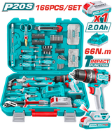 TOTAL 166 Pcs Cordless Tool Set – 20V Impact Drill with Hand Tools & Accessories (THKTHP41667)