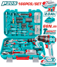 TOTAL 166 Pcs Cordless Tool Set – 20V Impact Drill with Hand Tools & Accessories (THKTHP41667)