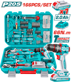 TOTAL 166 Pcs Cordless Tool Set – 20V Impact Drill with Hand Tools & Accessories (THKTHP41667)