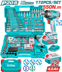 TOTAL 20V Cordless Impact Wrench 1/2" 550Nm – 172 Pcs Complete Tools Set with Batteries (THKTHP41728)