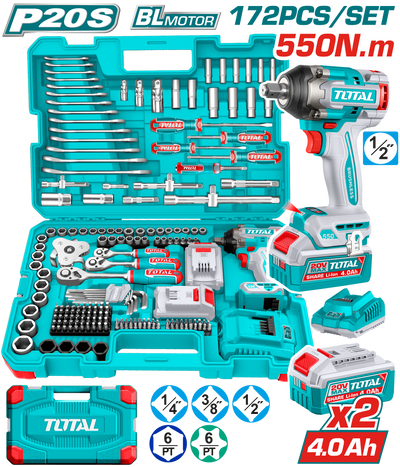 TOTAL 20V Cordless Impact Wrench 1/2" 550Nm – 172 Pcs Complete Tools Set with Batteries (THKTHP41728)