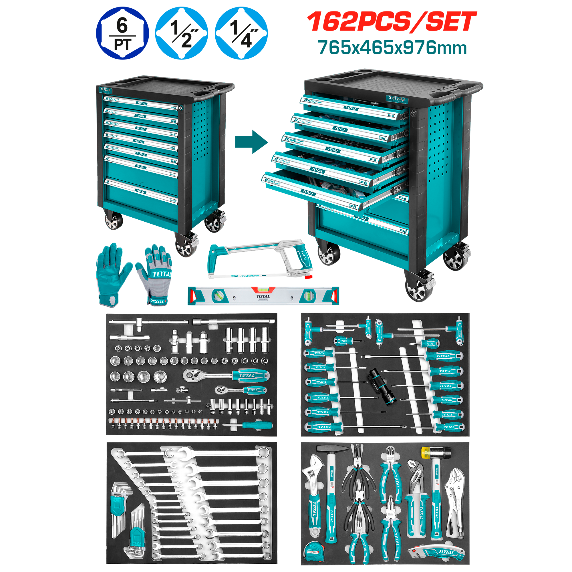 Total 162-Piece Complete Tool Cart – Comprehensive Organization & Power