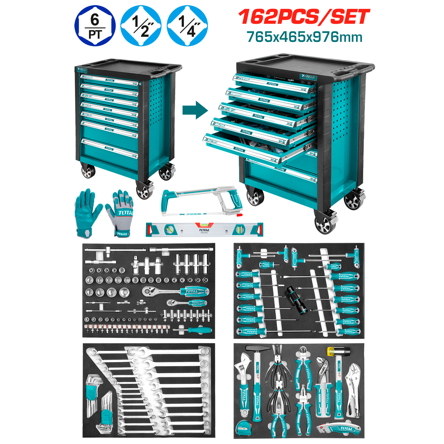 TOTAL 162 Piece Complete Tool Cart (THPTCS71621) TOTAL 162 Piece Complete Tool Cart (THPTCS71621)