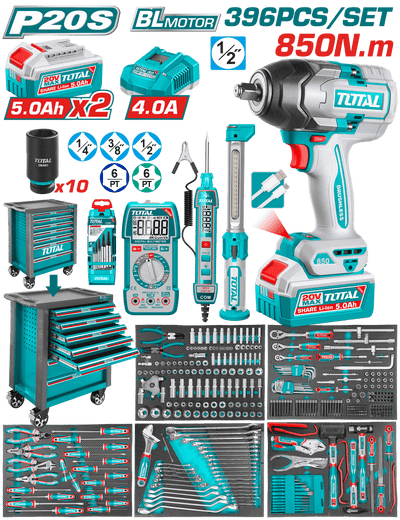 TOTAL 396 Pcs Tool Chest Set with 20V Brushless Impact Wrench 850Nm – Professional Rolling Tool Cabinet (THPTCS83962)