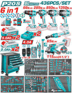 TOTAL 436 Pcs Tool Chest Set – Complete Workshop Kit with Cordless Power Tools & 7 Drawer Cabinet (THPTCS84362)