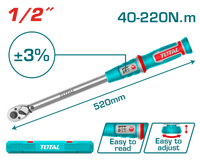 TOTAL Preset Torque Wrench 1/2" – Adjustable Torque Wrench 40-220Nm (THPTW1220N6)