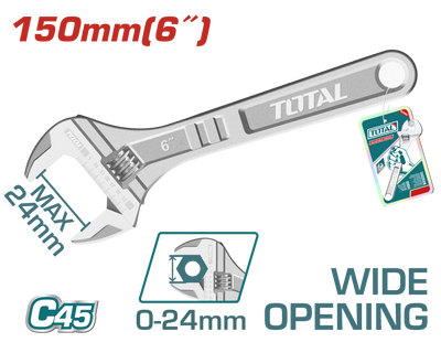 TOTAL Adjustable Wrench 6" / 150mm – Adjustable Spanner 0-24mm Capacity (THT101063)