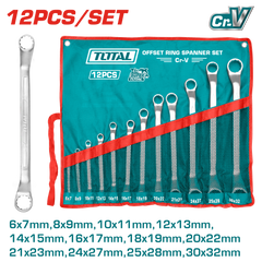 TOTAL 12 Pcs Offset Ring Spanner Set – 6–32mm, Fine Polished, Packed in Canvas Bag (THT1024121)