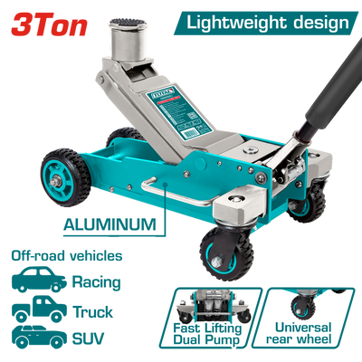 TOTAL 3 Ton Hydraulic Floor Jack – Off-Road Heavy-Duty Jack with Extended Lifting Head & Large Rubber Wheels (THT10803)