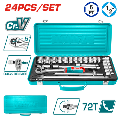 TOTAL 24 Pcs 1/2" Socket Set – Cr-V Steel with Metal Box (THT121242)