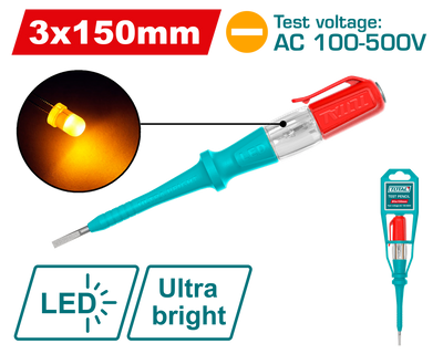 TOTAL Electric Voltage Tester Screwdriver 100–500V AC – Battery-Free LED Test Pencil 150mm (THT291518)