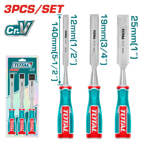 Total 3-Piece Wood Chisel Set – 12mm, 19mm, 25mm – Precision for Woodworking