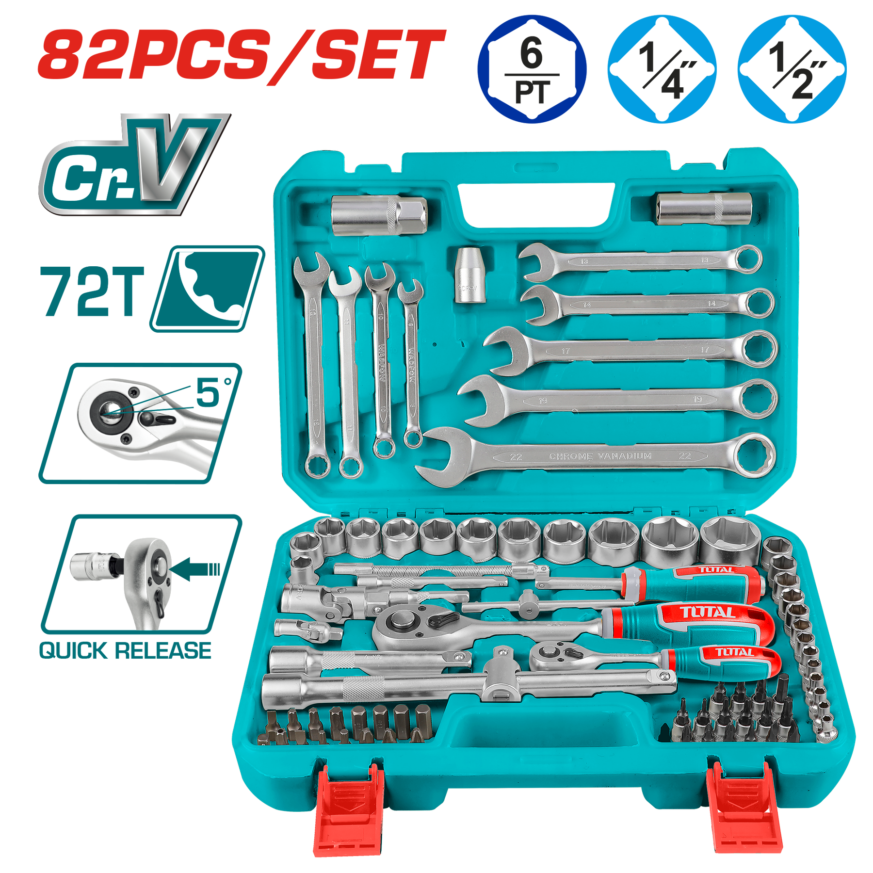 1/4˝ & 1/2˝ Drive Socket Set | 82-Piece by Total (THT421802) 1/4˝ & 1/2˝ Drive Socket Set | 82-Piece by Total (THT421802)