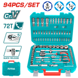 TOTAL 94 Pcs 1/4" & 1/2" Socket Set – Cr-V Steel, 72T Ratchets, Deep Sockets, Extensions & Full Accessory Kit (THT421942)