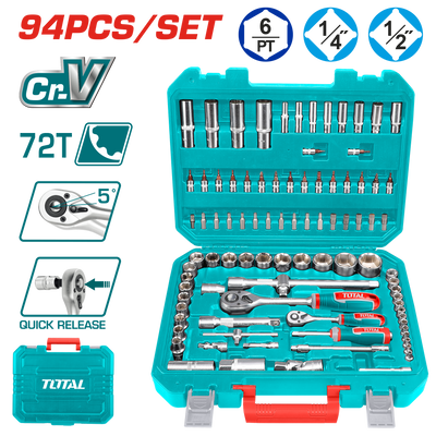 TOTAL 94 Pcs 1/4" & 1/2" Socket Set – Cr-V Steel, 72T Ratchets, Deep Sockets, Extensions & Full Accessory Kit (THT421942)