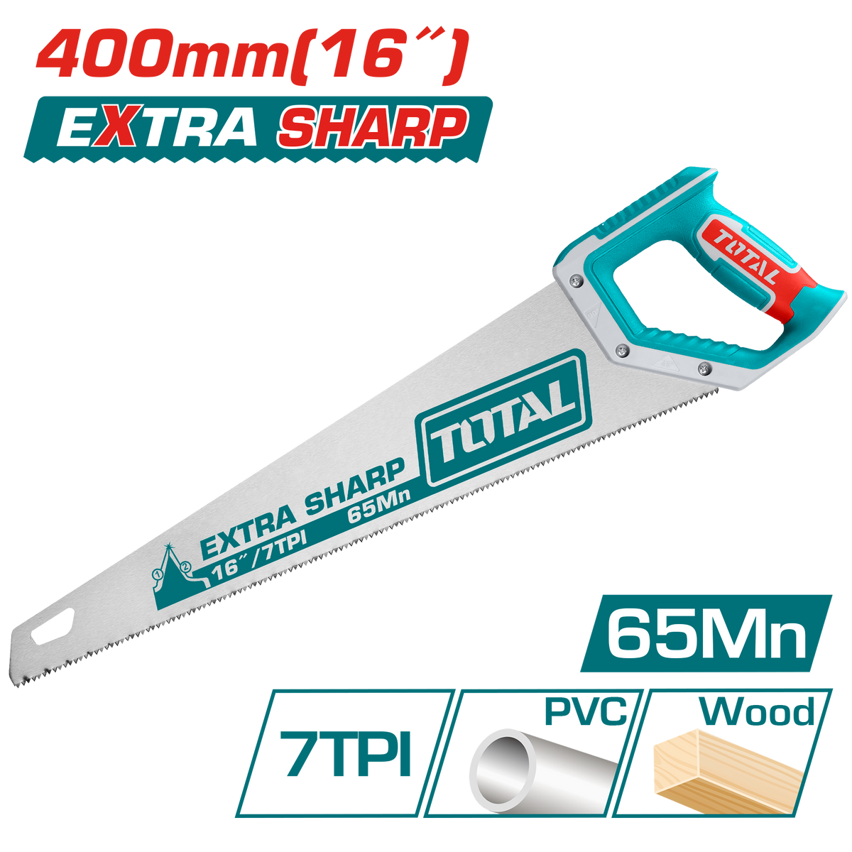 TOTAL Hand Saw 400mm | 16" – 7TPI Extra Sharp Wood Cutting Saw (THT55400)