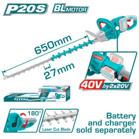 TOTAL Cordless Hedge Trimmer 40V Brushless, 650mm - Without Battery & Charger (THTLI40028)