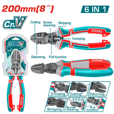TOTAL 6-in-1 Multi-Function Diagonal Cutting Pliers – 8" | 200mm, Cr-V, Teflon Coated, Multi-Purpose Design (THTMF386)