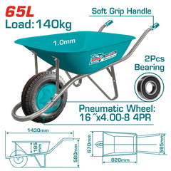 TOTAL Heavy Duty Wheelbarrow 140kg – Pneumatic Wheel Construction Cart (THTWB4010P)