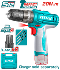 TOTAL 12V Cordless Impact Drill – 20Nm Torque, 22500bpm, LED Light, USB-C Charging, 2×1.5Ah Batteries (TIDLI12206)