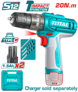 TOTAL 12V Cordless Impact Drill – 20Nm Torque, 22500bpm, LED Light, USB-C Charging, 2×1.5Ah Batteries (TIDLI12206)