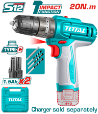 TOTAL 12V Cordless Impact Drill – 20Nm Torque, 22500bpm, LED Light, USB-C Charging, 2×1.5Ah Batteries (TIDLI12206)