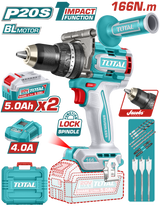 TOTAL Brushless Cordless Impact Drill 20V – 166Nm with 2×5.0Ah Batteries (TIDLI201668)