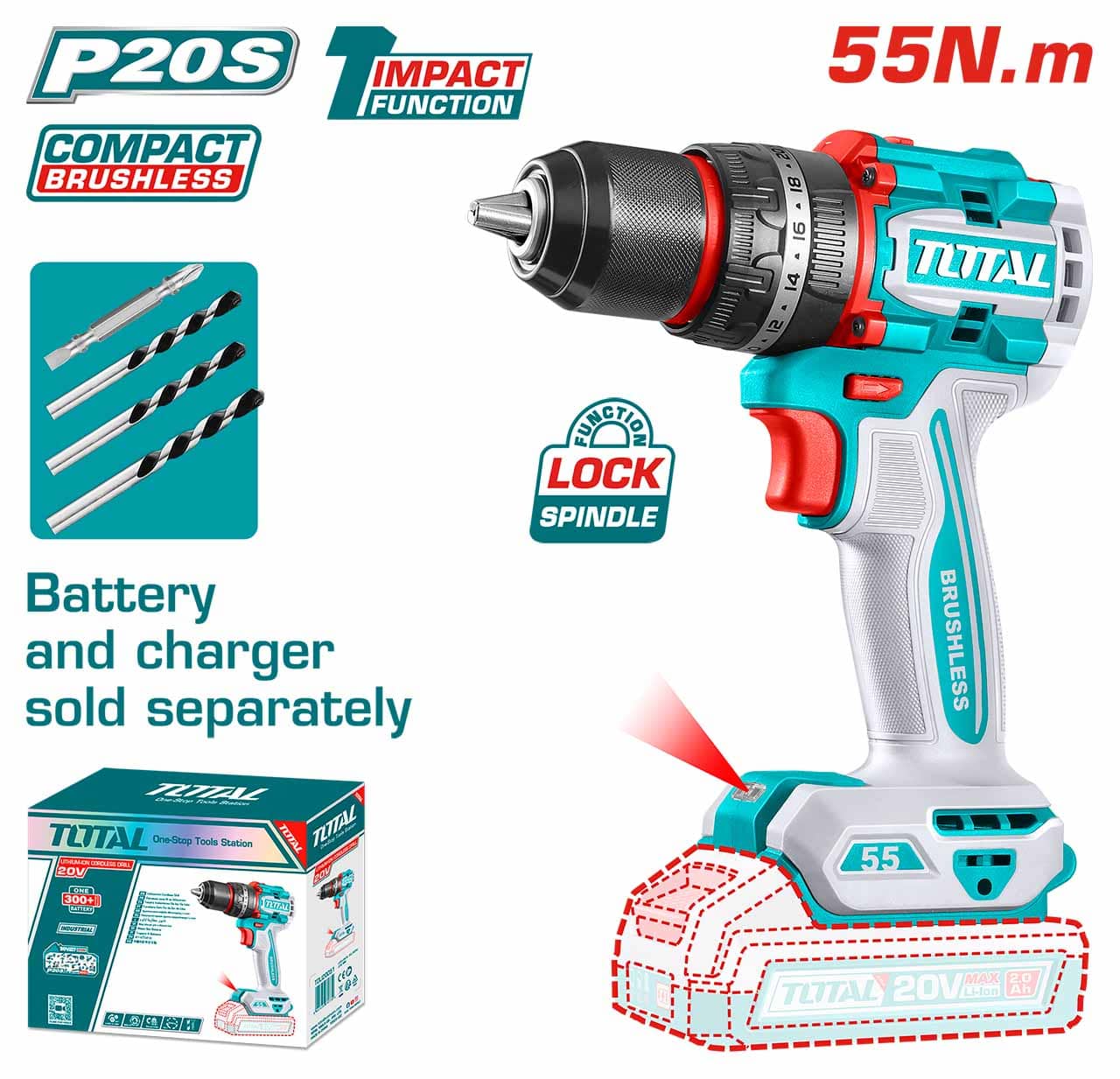 TOTAL 20V Cordless Brushless Impact Drill - 55Nm, No Battery