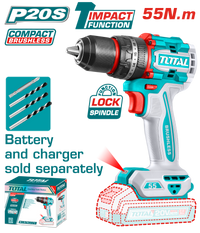 TOTAL 20V Cordless Brushless Impact Drill - 55Nm, No Battery