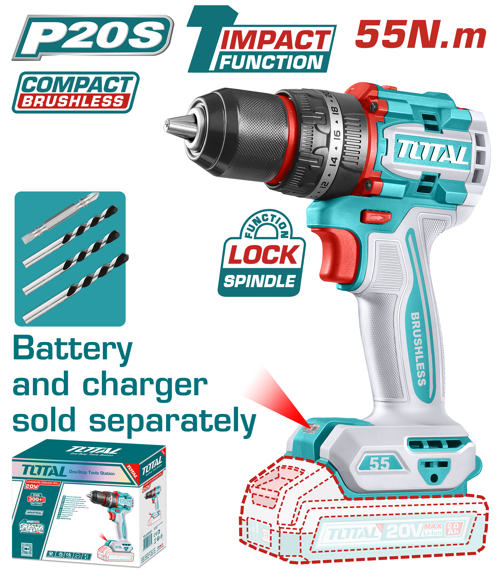 TOTAL 20V Cordless Brushless Impact Drill - 55Nm, No Battery