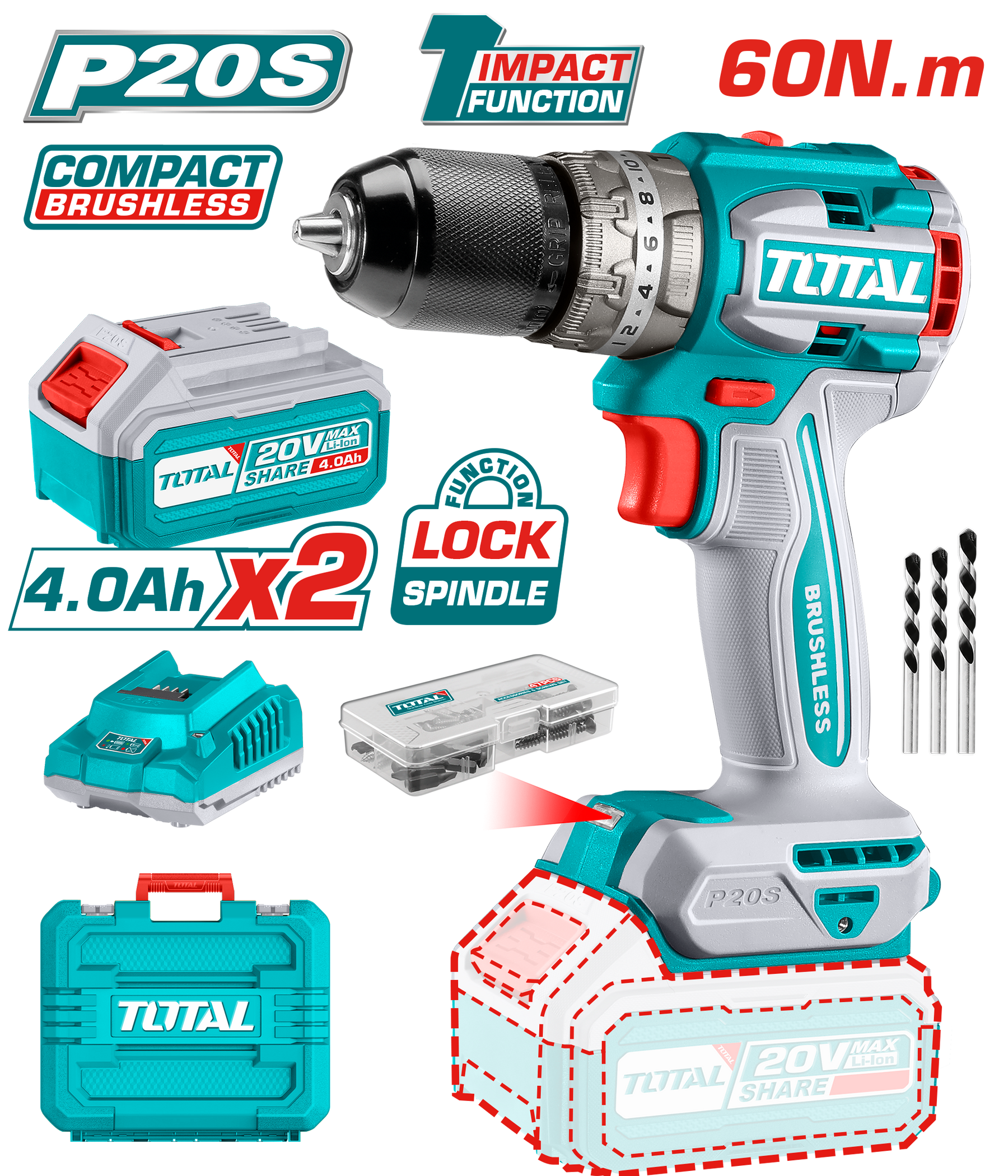 TOTAL 20V Cordless Brushless Impact Drill - 60Nm, 2-Speed TOTAL 20V Cordless Brushless Impact Drill - 60Nm, 2-Speed