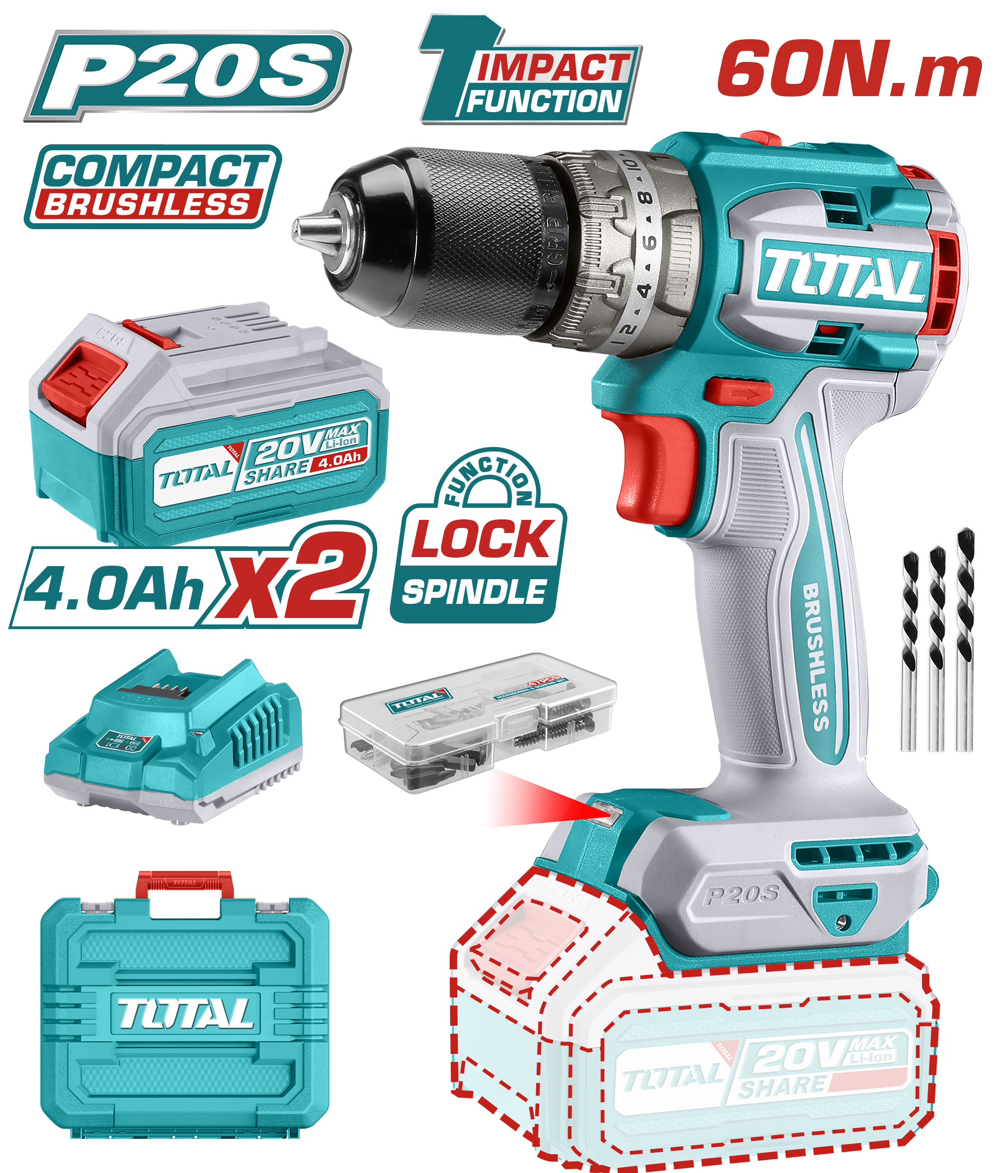 TOTAL 20V Cordless Brushless Impact Drill - 60Nm, 2-Speed