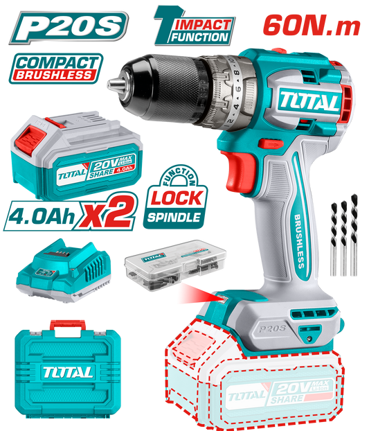 TOTAL 20V Cordless Brushless Impact Drill - 60Nm, 2-Speed