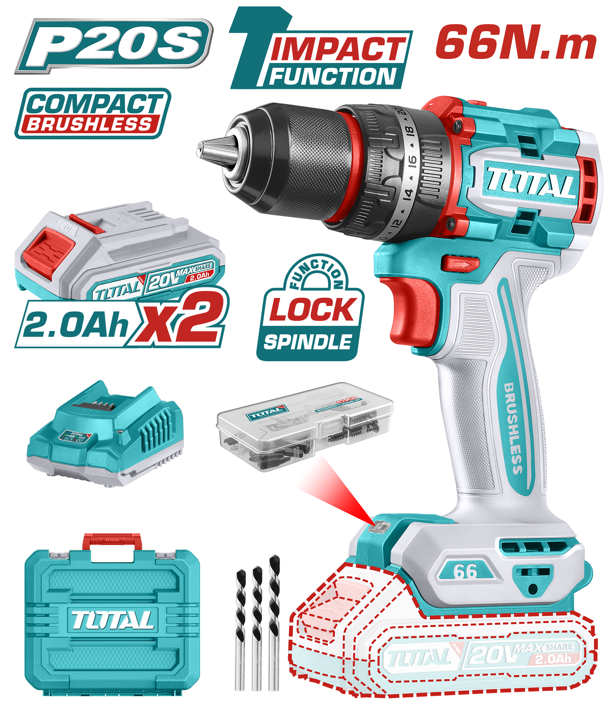 TOTAL 20V Cordless Brushless Impact Drill - 66Nm 2 Batteries