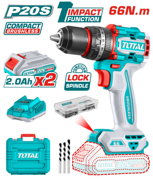 TOTAL 20V Cordless Brushless Impact Drill - 66Nm 2 Batteries