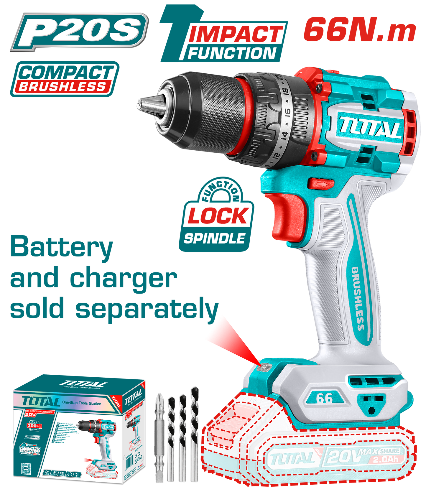 TOTAL 20V Cordless Brushless Impact Drill - 66Nm, No Battery