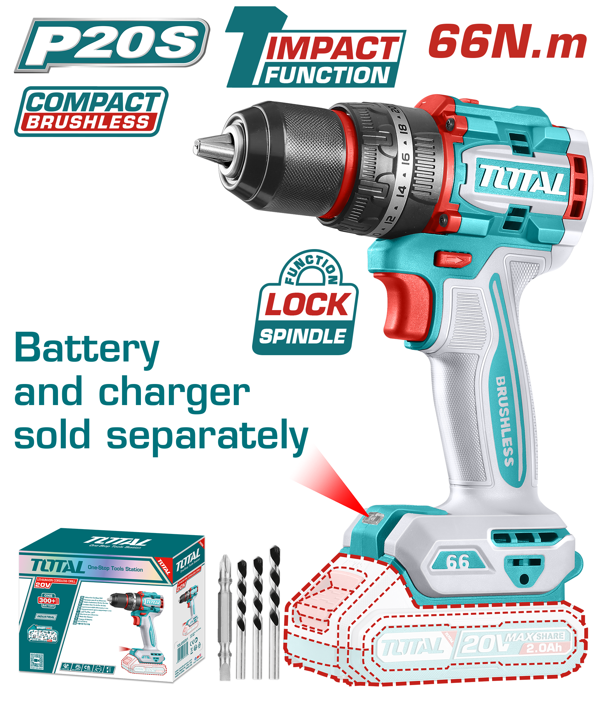 TOTAL 20V Cordless Brushless Impact Drill - 66Nm, No Battery